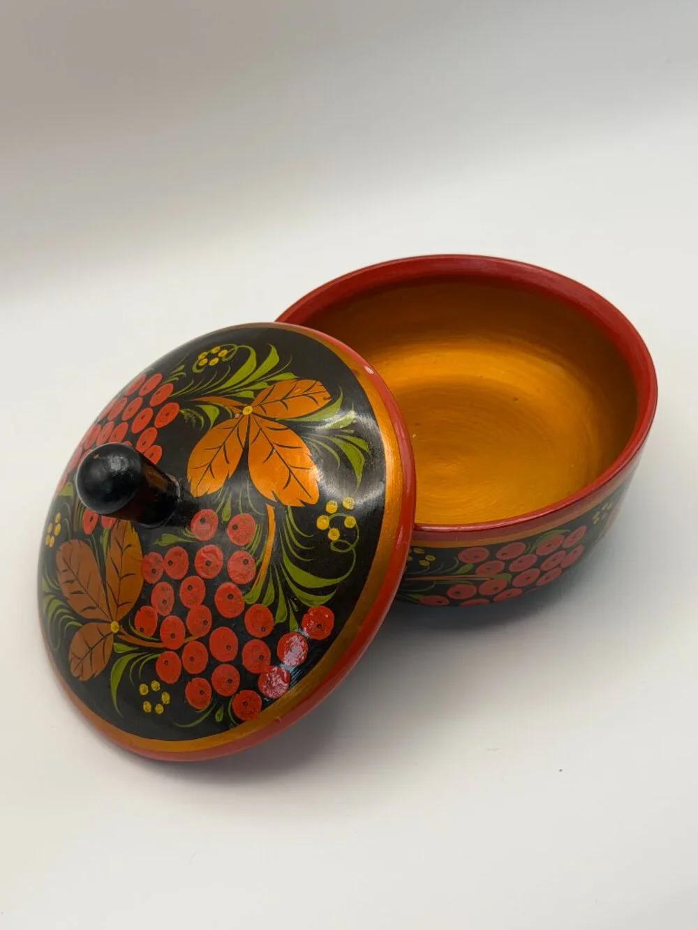 Vintage Russian Khokhloma Hand Painted Wooden Lidded Bowl Folk Art Black Red